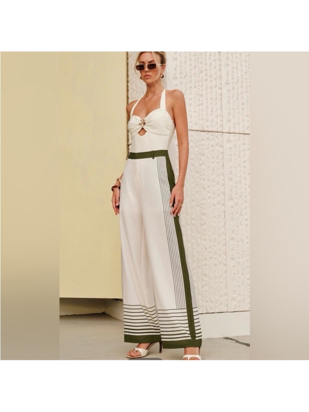 Commence tailored wide leg trouser garden stripe print olive green bone white